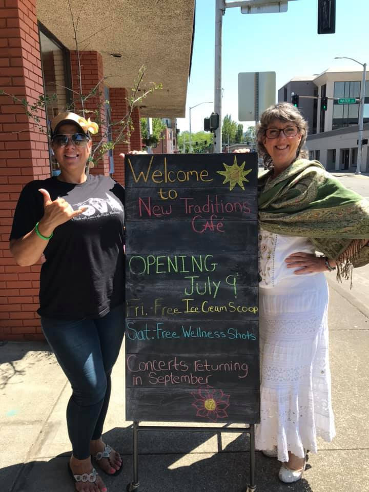 Talia Manu-Pati, of KombuchaLuv, a local brewer of kombucha gave away samples and Elizabeth Bretschneider of the Thurston County Chamber of Commerce welcomed visitors to New Traditions Cafe during its re-opening event on July 9, 2021.
